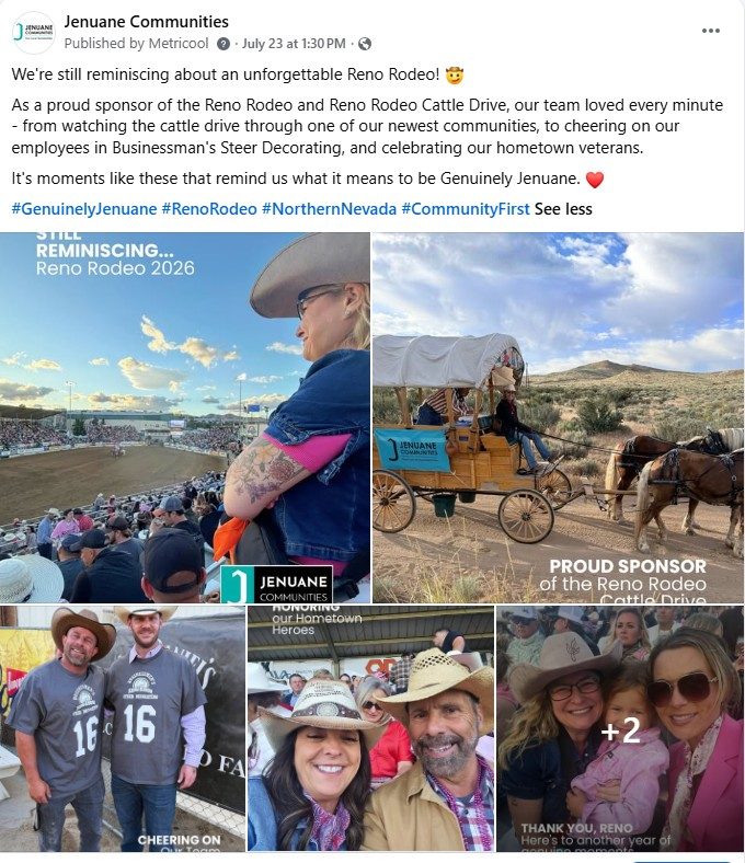 Jenuane Communities social post celebrating their Reno Rodeo sponsorship