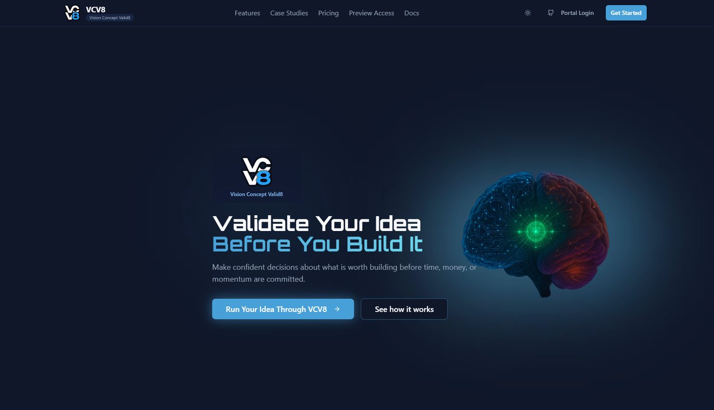 Earlier VCV8 homepage hero with the headline Validate Your Idea Before You Build It