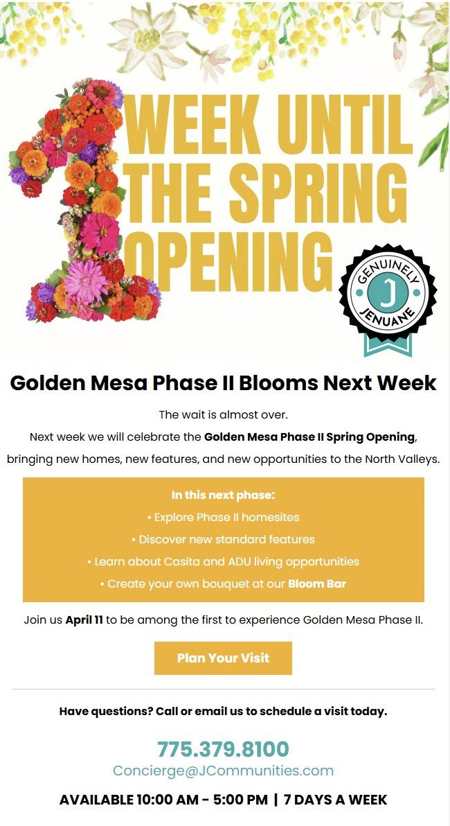 Golden Mesa Phase II countdown email — one week until the Spring Opening