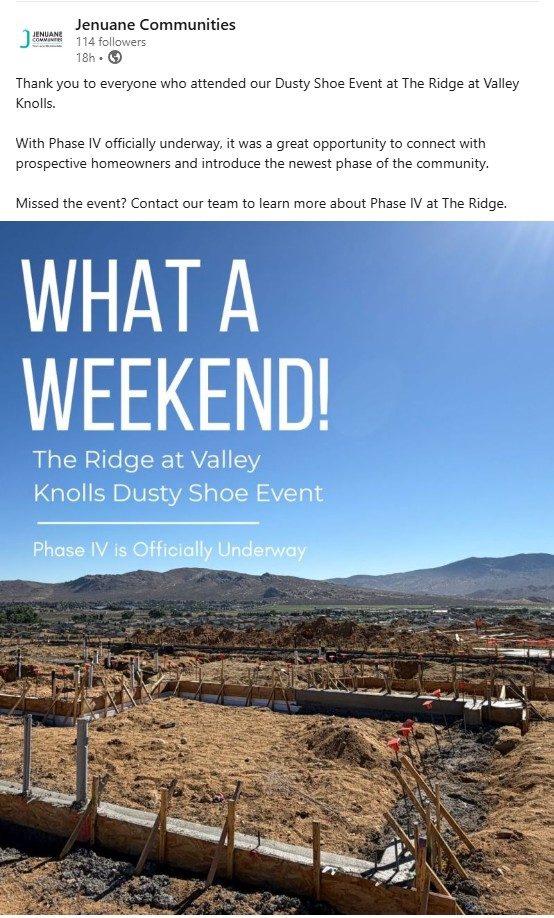 Jenuane Communities social post recapping the Dusty Shoe event at The Ridge