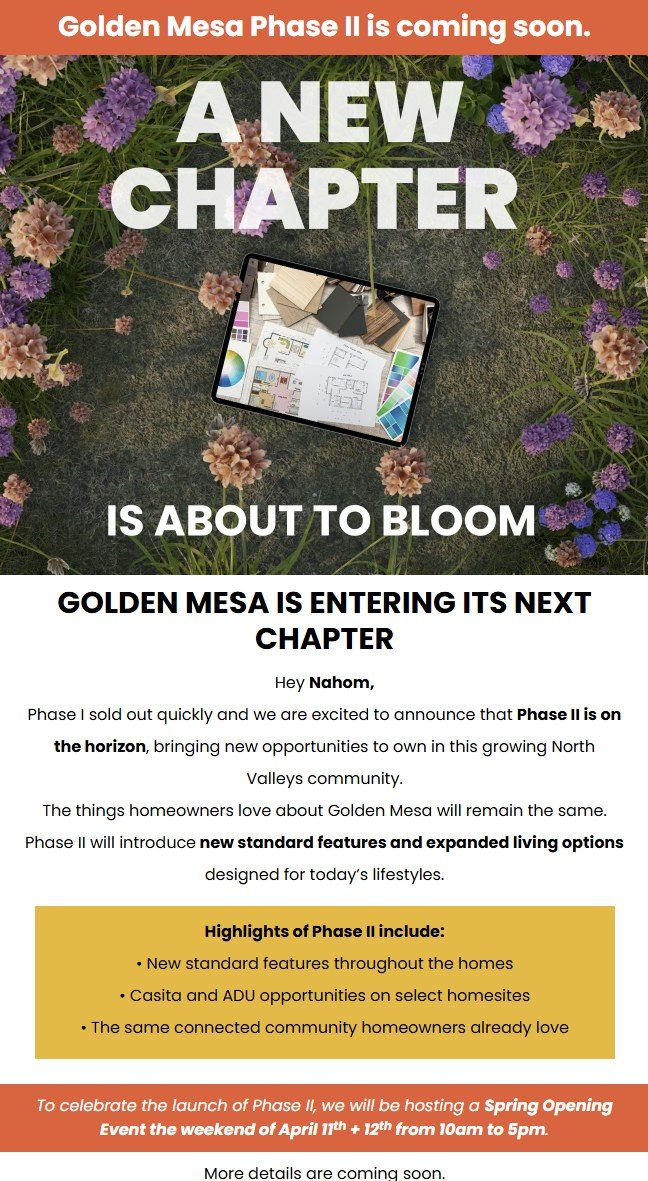 Golden Mesa Phase II announcement email — A New Chapter Is About to Bloom