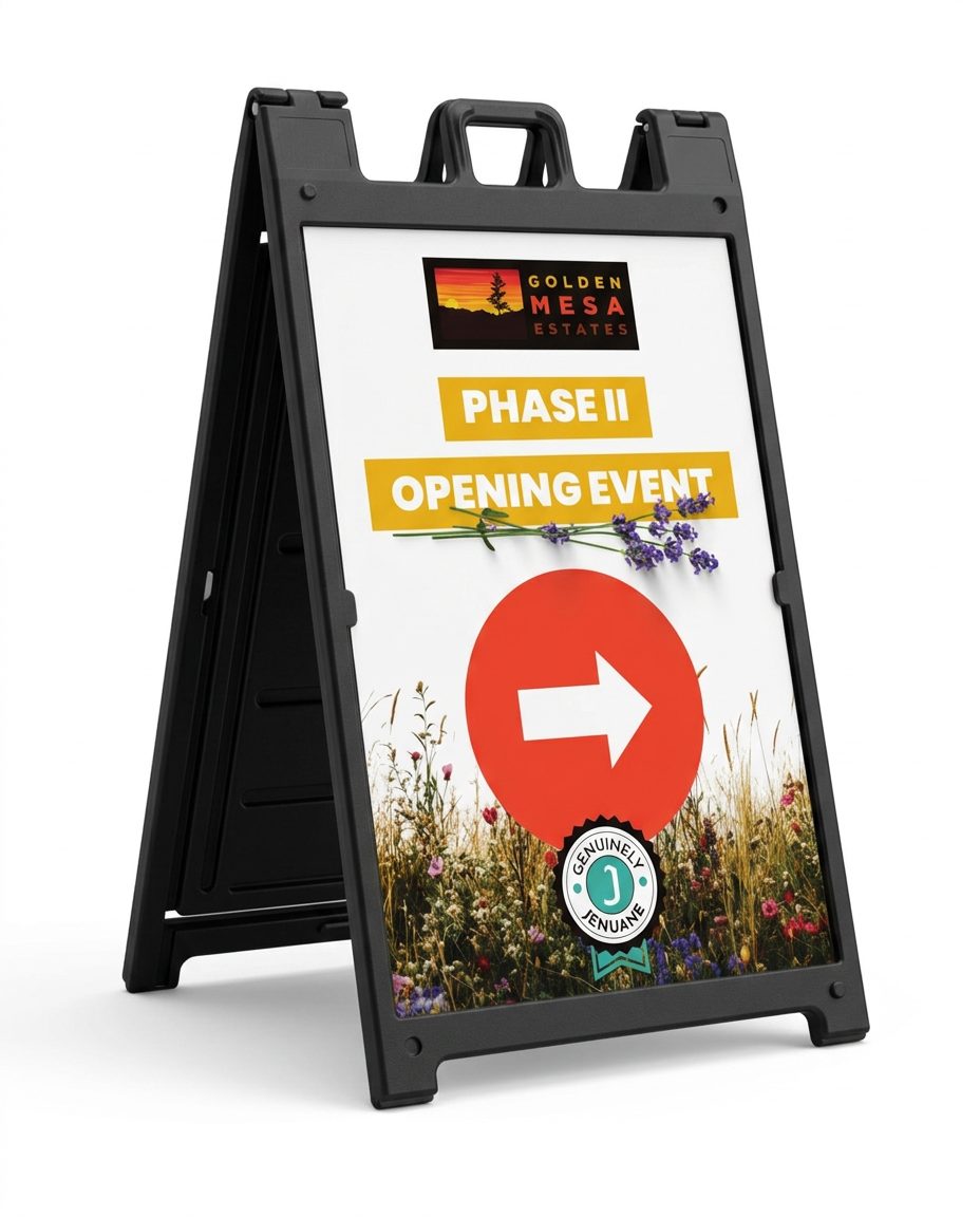 Golden Mesa Phase II opening event artwork in a freestanding A-frame sidewalk sign