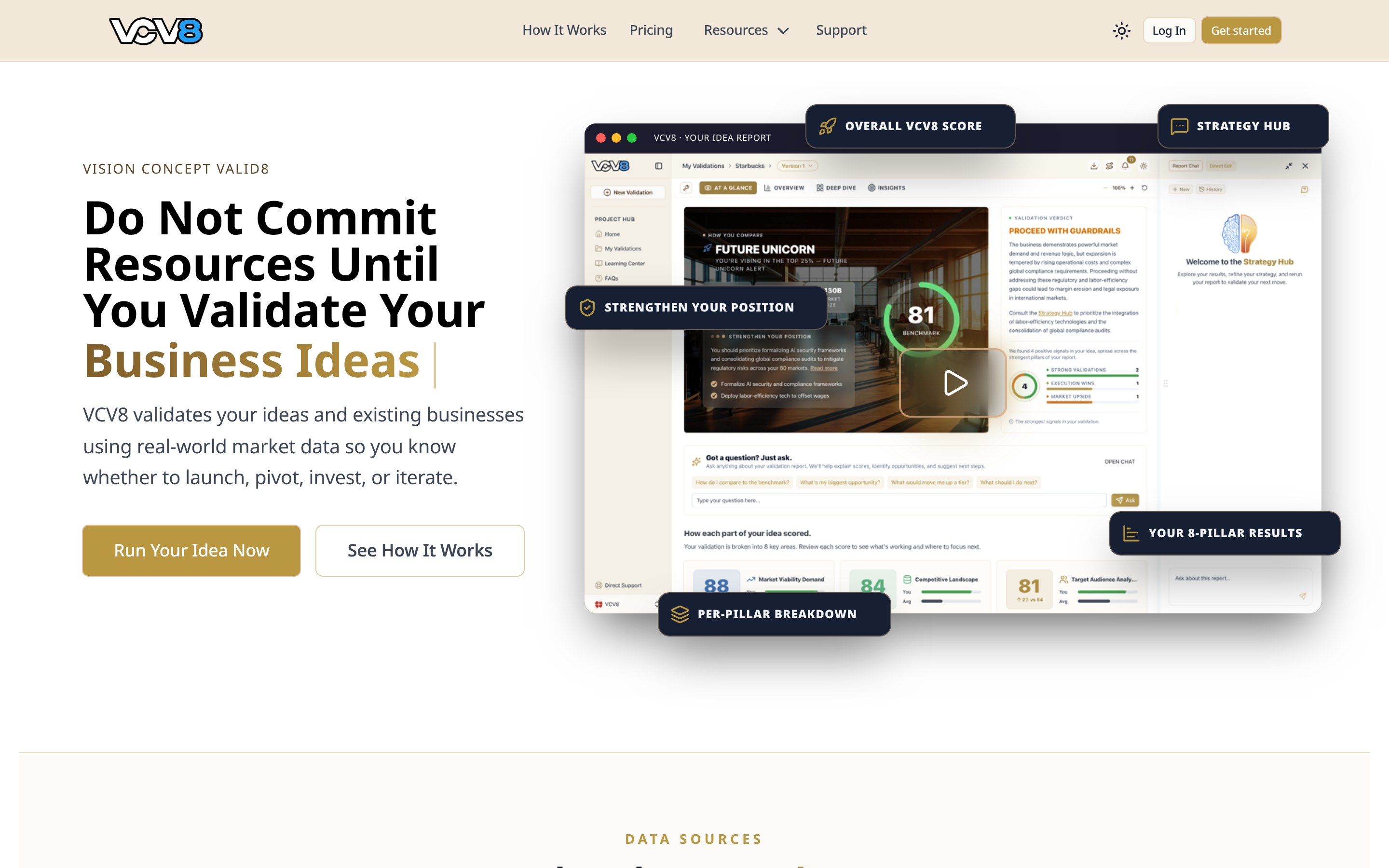 VCV8 homepage hero — brand messaging, headline and 3D product dashboard mockup