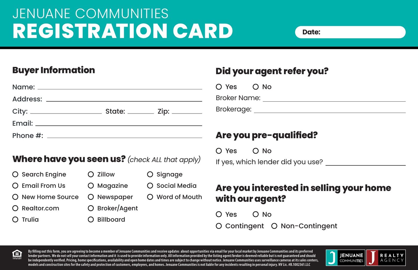 Printed Jenuane Communities registration card used in the sales experience
